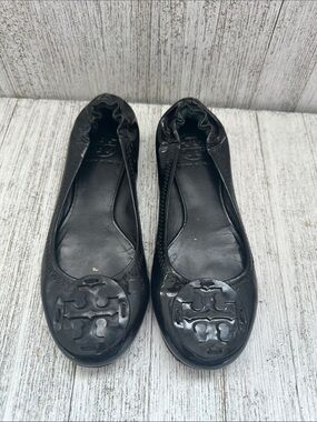 Tory Burch Reva Black Patent Leather Logo Ballet Flats